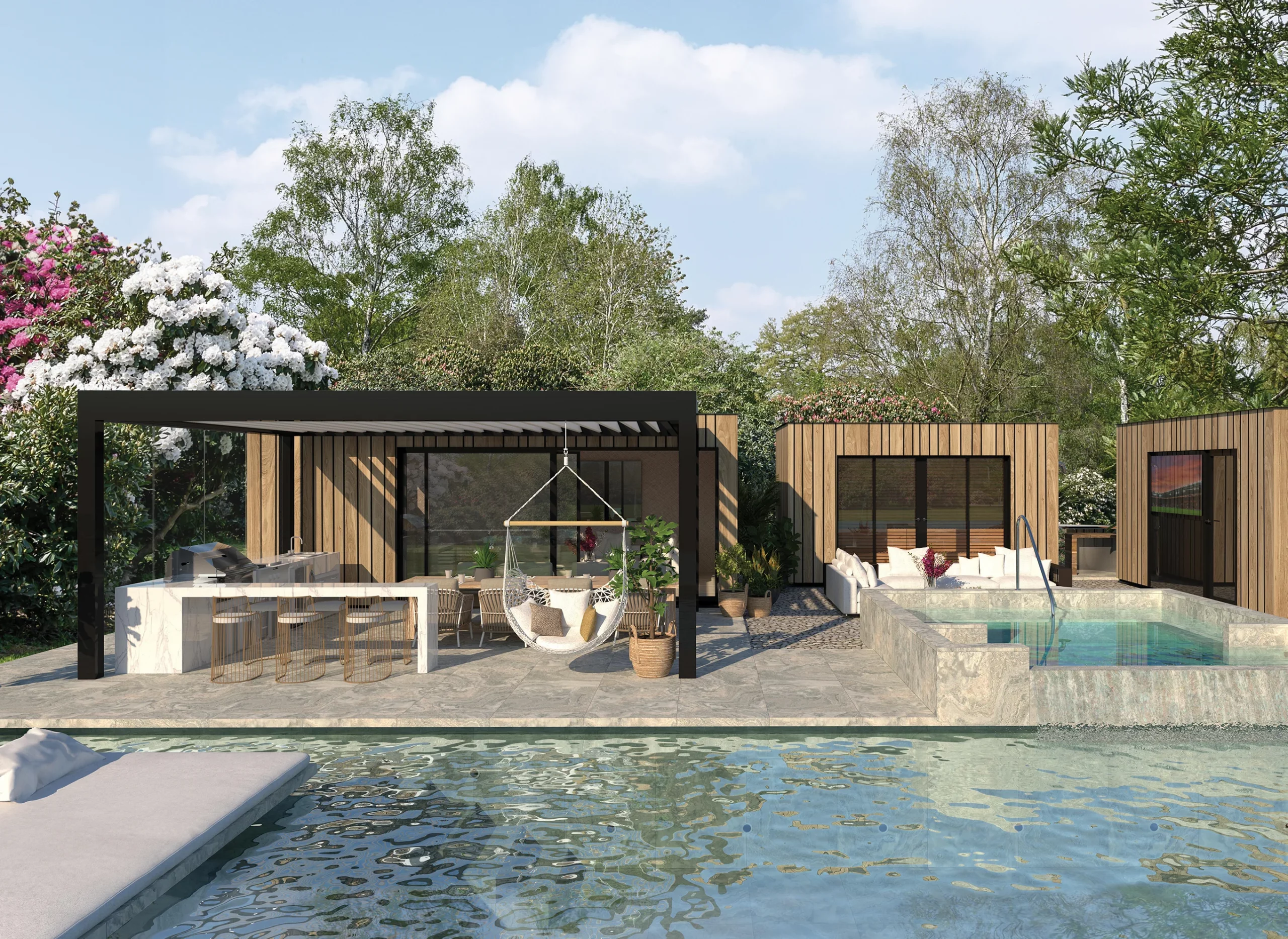 Outdoor spa and wellness space connected to landscape and nature