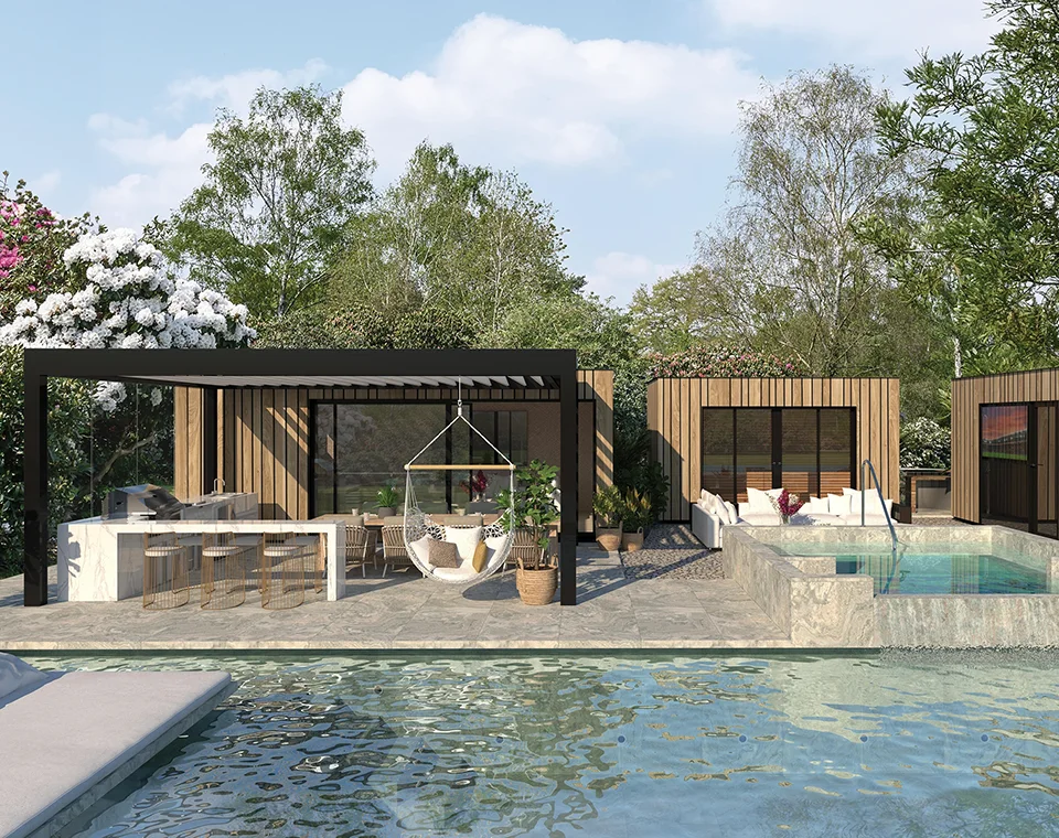 Outdoor spa and wellness space connected to landscape and nature