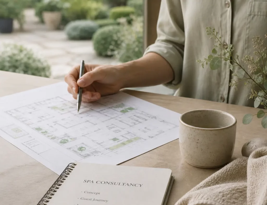 Spa consultancy and early-stage planning for a wellness space, showing layout plans, guest journey notes and natural spa details