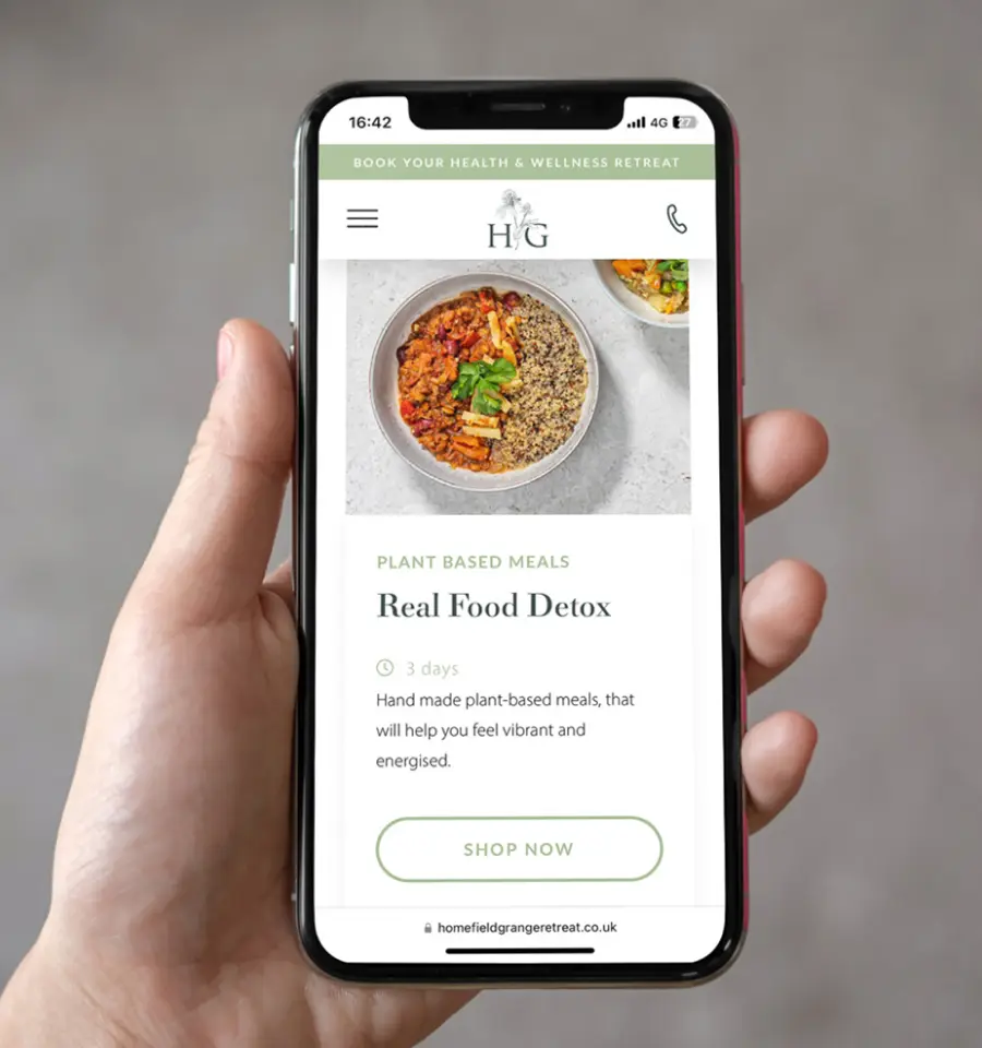 At-home detox programme from Homefield Grange shown on mobile, extending wellness retreat experience beyond the physical space