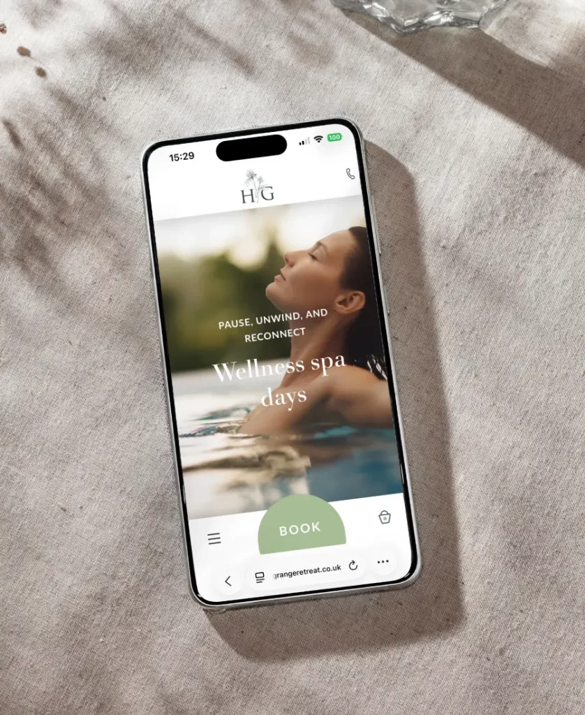 Homefield Grange day spa booking shown on mobile, supporting accessible wellness spa experiences and digital guest journey